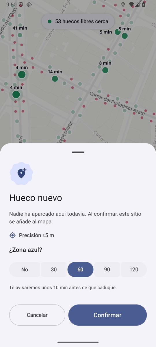 Hoja «Hueco nuevo» con la precisión del GPS y la duración de la zona azul