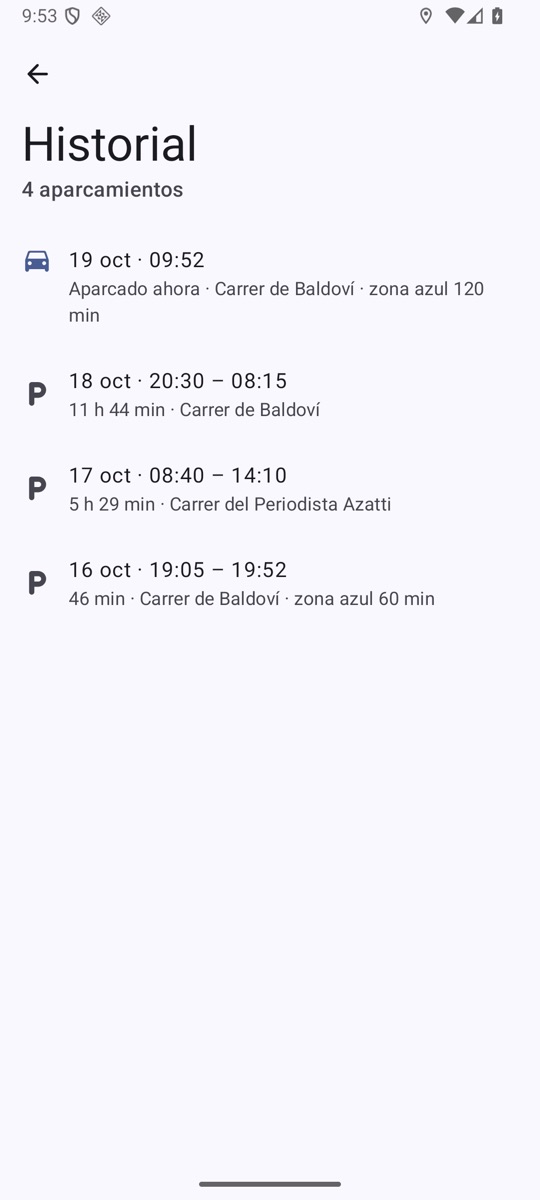 Historial con cuatro aparcamientos y sus calles