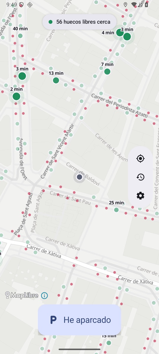 Mapa de Hueco en Valencia con huecos libres en verde, ocupados en rojo y el aviso de 56 huecos libres cerca